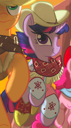 Size: 330x591 | Tagged: safe, derpibooru import, idw, applejack, pinkie pie, twilight sparkle, earth pony, pony, spoiler:comic, back to the future, clothes, cowgirl, cowgirl outfit, marty mcfly, outfit catalog, twilight eastwood