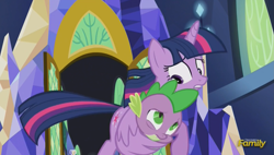 Size: 1739x987 | Tagged: safe, derpibooru import, screencap, spike, twilight sparkle, twilight sparkle (alicorn), alicorn, dragon, pony, the cutie re-mark, discovery family logo, female, hug, mama twilight, mare, protecting, spikelove, winghug