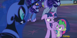 Size: 1172x592 | Tagged: safe, derpibooru import, screencap, nightmare moon, spike, twilight sparkle, twilight sparkle (alicorn), alicorn, bat pony, pony, the cutie re-mark, alternate timeline, discovery family logo, ethereal mane, female, mare, nightmare takeover timeline