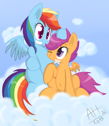 Size: 1250x1450 | Tagged: safe, artist:average-hanzo, rainbow dash, scootaloo, pegasus, pony, belly button, cloud, noogie, scootalove