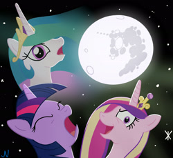 Size: 3000x2750 | Tagged: safe, alternate version, artist:nuka-kitty, princess cadance, princess celestia, twilight sparkle, alicorn, pony, unicorn, mare in the moon, meme, moon, three wolf moon