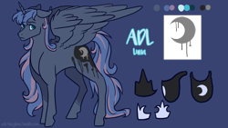 Size: 1920x1080 | Tagged: safe, artist:ebonytails, princess luna, alicorn, pony, alternate universe, ask dissy luna, blue background, discorded, reference sheet, simple background, solo