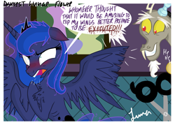 Size: 4823x3445 | Tagged: safe, artist:darkest-lunar-flower, discord, princess luna, alicorn, draconequus, pony, absurd resolution, angry, blushing, clipped wings, dialogue, discord being discord, floppy ears, grin, luna is not amused, open mouth, prank, scissors, shrunken pupils, smiling, speech bubble, spread wings, this will end in pain and/or death, this will end in petrification, unamused, varying degrees of amusement, wings, yelling