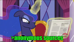 Size: 880x500 | Tagged: safe, edit, edited screencap, screencap, princess luna, alicorn, pony, a royal problem, chair, female, frown, greentext, image macro, imgflip, impact font, implying, jewelry, levitation, lidded eyes, magic, mare, meme, newspaper, regalia, sitting, solo, suspicious, telekinesis, text, treehouse logo, wings