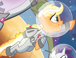 Size: 974x748 | Tagged: safe, derpibooru import, idw, applejack, rarity, twilight sparkle, earth pony, pony, unicorn, spoiler:comic, astronaut, clothes, costume, outfit catalog