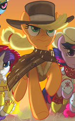 Size: 503x813 | Tagged: safe, derpibooru import, idw, applejack, rainbow dash, rarity, twilight sparkle, earth pony, pegasus, pony, unicorn, spoiler:comic, back to the future, clothes, costume, cowgirl, cowgirl outfit, jessie (toy story), lone ranger, marty mcfly, outfit catalog, the man with no name, toy story