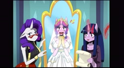 Size: 5626x3097 | Tagged: safe, artist:traupa, princess cadance, rarity, twilight sparkle, anthro, a canterlot wedding, absurd resolution, breasts, clothes, dress, female, glasses, gloves, glowing horn, letter, looking at you, magic, mirror, princess cansdance, quill, reflection, scene interpretation, smiling, trio, wedding dress