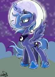 Size: 1000x1414 | Tagged: safe, artist:emositecc, princess luna, alicorn, pony, magic, moon, night, s1 luna, solo, spread wings, stars, windswept mane, wings