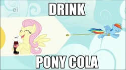 Size: 1028x573 | Tagged: safe, edit, fluttershy, rainbow dash, pegasus, pony, image macro, product placement, soda