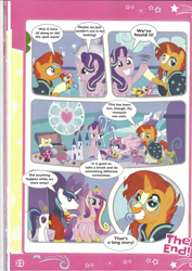 Size: 826x1169 | Tagged: safe, princess cadance, princess flurry heart, shining armor, starlight glimmer, sunburst, alicorn, pony, unicorn, book, comic, diaper, foal, magazine scan, the quest for the lost toy, victory