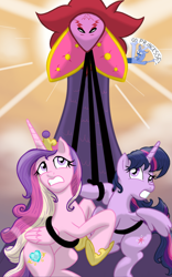 Size: 1200x1920 | Tagged: dead source, safe, artist:theroyalprincesses, discord, princess cadance, twilight sparkle, twilight sparkle (alicorn), alicorn, pony, tatzlwurm, three's a crowd, banner, blue flu, crown, i've seen enough hentai to know where this is going, jewelry, looking up, regalia, smiling, tentacle tongue, tentacles, worried