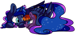 Size: 6936x3267 | Tagged: safe, artist:cutepencilcase, princess luna, oc, alicorn, pony, unicorn, absurd resolution, canon x oc, commission, cuddling, cute, duo, female, hug, looking at each other, lunabetes, mare, missing accessory, prone, shipping, simple background, smiling, transparent background, winghug