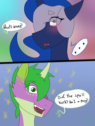 Size: 1200x1600 | Tagged: safe, artist:moonakart13, artist:moonaknight13, princess luna, spike, alicorn, dragon, pony, blushing, blushing profusely, comic, crack shipping, dialogue, female, freckles, male, open mouth, ponified spike, shipping, smiling, sparkles, speech bubble, speechless, spikelove, spiluna, straight, wide eyes