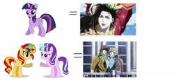 Size: 1600x768 | Tagged: safe, derpibooru import, starlight glimmer, sunset shimmer, twilight sparkle, twilight sparkle (alicorn), alicorn, pony, caesar zeppeli, comparison, female, jojo's bizarre adventure, joseph joestar, lisa lisa, mare