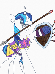 Size: 946x1280 | Tagged: safe, artist:somepony, shining armor, pony, unicorn, mouth hold, newbie artist training grounds, shield, solo, spear, traditional art, weapon