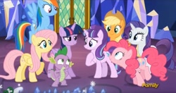 Size: 1266x667 | Tagged: safe, derpibooru import, screencap, applejack, fluttershy, pinkie pie, rainbow dash, rarity, spike, starlight glimmer, twilight sparkle, twilight sparkle (alicorn), alicorn, dragon, earth pony, pegasus, pony, unicorn, the cutie re-mark, cropped, discovery family logo, female, mane seven, mane six, mare, my little pony, s5 starlight