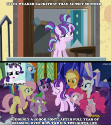 Size: 1280x1450 | Tagged: safe, derpibooru import, screencap, applejack, fluttershy, pinkie pie, rainbow dash, rarity, starlight glimmer, twilight sparkle, twilight sparkle (alicorn), alicorn, earth pony, pegasus, pony, unicorn, the cutie re-mark, background pony strikes again, crying, cuckolding in the description, discovery family logo, drama, female, image macro, mane six, mare, meme, op is a cuck, op is trying to start shit, op started shit, starlight drama, vulgar