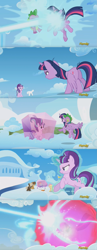 Size: 1243x3197 | Tagged: safe, derpibooru import, screencap, dumbbell, fluttershy, hoops, rainbow dash, spike, starlight glimmer, twilight sparkle, twilight sparkle (alicorn), alicorn, dragon, pegasus, pony, the cutie re-mark, bondage, butt, discovery family logo, encasement, exhausted, female, fight, glowing horn, laser, levitation, magic, magic blast, mare, plot, s5 starlight, self-levitation, telekinesis