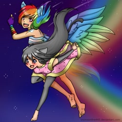 Size: 900x900 | Tagged: safe, artist:zeezeepearl, rainbow dash, barefoot, catgirl, crossover, eared humanization, feet, humanized, nyan cat, nyan dash, skinny, tailed humanization, winged humanization