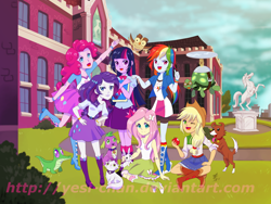 Size: 1280x960 | Tagged: safe, artist:yesi-chan, derpibooru import, angel bunny, applejack, fluttershy, gummy, opalescence, owlowiscious, pinkie pie, rainbow dash, rarity, spike, tank, twilight sparkle, twilight sparkle (alicorn), winona, alicorn, dog, equestria girls, book, boots, canterlot high, clothes, high heel boots, mane six, pet, skirt, spike the dog