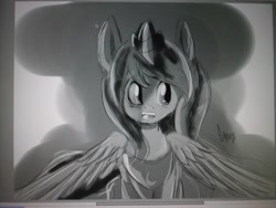 Size: 2048x1536 | Tagged: safe, artist:alesarox, princess luna, alicorn, pony, blushing, monochrome, solo