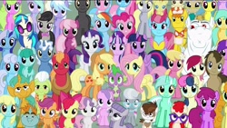 Size: 1280x720 | Tagged: safe, derpibooru import, edit, edited screencap, screencap, aloe, amethyst star, apple bloom, applejack, berry punch, berryshine, big macintosh, bon bon, bulk biceps, carrot cake, carrot top, cheerilee, cloudchaser, cup cake, derpy hooves, diamond tiara, dj pon-3, doctor whooves, flitter, fluttershy, golden harvest, granny smith, lemon hearts, lily, lily valley, linky, lotus blossom, lyra heartstrings, maud pie, mayor mare, minuette, octavia melody, pinkie pie, pipsqueak, pound cake, pumpkin cake, rainbow dash, rarity, roseluck, scootaloo, sea swirl, seafoam, shoeshine, silver spoon, snails, snips, sparkler, spike, spring melody, sprinkle medley, starlight glimmer, sweetie belle, sweetie drops, thunderlane, twilight sparkle, twilight sparkle (alicorn), twinkleshine, twist, vinyl scratch, alicorn, dragon, earth pony, pegasus, pony, unicorn, the cutie re-mark, cake family, colt, cutie mark crusaders, everypony at s5's finale, female, implied photo finish, looking at you, male, mane six, mare, the ghost of obsidian pie, wall of tags