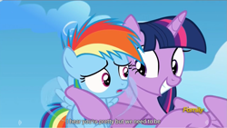 Size: 1279x720 | Tagged: safe, derpibooru import, screencap, rainbow dash, twilight sparkle, twilight sparkle (alicorn), alicorn, pegasus, pony, the cutie re-mark, discovery family logo, female, mare, meme, stranger danger, twilest dashle, twilight is a foal fiddler, youtube caption