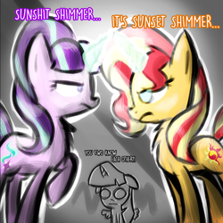 Size: 1000x1000 | Tagged: safe, artist:breezyblueyt, derpibooru import, starlight glimmer, sunset shimmer, twilight sparkle, twilight sparkle (alicorn), alicorn, pony, counterparts, female, hilarious in hindsight, mare, sunset vs starlight debate, twilight's counterparts, vulgar