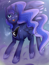 Size: 768x1024 | Tagged: safe, artist:elainenuri, princess luna, alicorn, pony, blushing, cloud, flying, looking at you, night, one eye closed, solo, wink