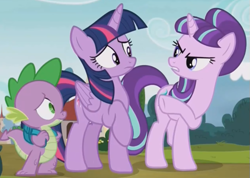 Size: 559x399 | Tagged: safe, derpibooru import, screencap, spike, starlight glimmer, twilight sparkle, twilight sparkle (alicorn), alicorn, dragon, pony, the cutie re-mark, female, mare, raised hoof, s5 starlight