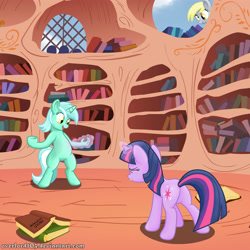 Size: 5000x5000 | Tagged: safe, artist:overlord103, derpibooru import, derpy hooves, lyra heartstrings, twilight sparkle, pony, absurd resolution, bipedal, book, bookshelf, fingers, golden oaks library, hand, lyra's humans, magic, that pony sure does love hands, transformation