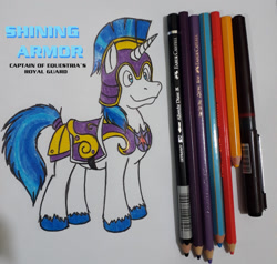 Size: 1300x1236 | Tagged: safe, artist:dingopatagonico, shining armor, pony, unicorn, armor, caption, colored pencil drawing, male, pen, pencil, photo, solo, stallion, traditional art