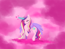 Size: 1600x1200 | Tagged: safe, artist:serra20, princess cadance, alicorn, pony, beautiful, eyes closed, glowing horn, heart, magic, pink, raised hoof, solo, spread wings