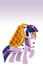 Size: 1024x1569 | Tagged: safe, artist:gashiboka, derpibooru import, twilight sparkle, twilight sparkle (alicorn), alicorn, pony, :p, blueberry, cute, female, food, i'm pancake, i'm waffle, lock screen, mare, raised hoof, smiling, solo, tongue out, waffle, watermark