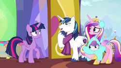 Size: 1280x720 | Tagged: safe, screencap, princess cadance, princess flurry heart, shining armor, twilight sparkle, twilight sparkle (alicorn), alicorn, pony, unicorn, best gift ever, clothes, earmuffs, scarf, star flurry heart, twilight's castle