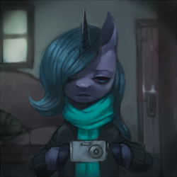 Size: 600x600 | Tagged: safe, artist:crookedtrees, princess luna, alicorn, pony, camera, clothes, illunis ghosts, s1 luna, scarf, selfie, solo