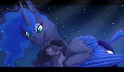 Size: 1200x694 | Tagged: safe, artist:bijutsuyoukai, princess luna, oc, oc:black lotus, alicorn, pony, unicorn, curved horn, female, filly, mother and child, mother and daughter, night, offspring, parent and child, parent:good king sombra, parent:king sombra, parent:princess luna, parents:lumbra