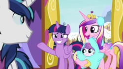 Size: 1280x720 | Tagged: safe, screencap, princess cadance, princess flurry heart, shining armor, twilight sparkle, twilight sparkle (alicorn), alicorn, pony, unicorn, best gift ever, earmuffs, snow, star flurry heart, twilight's castle