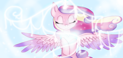 Size: 1006x477 | Tagged: safe, artist:161141, princess cadance, alicorn, pony, abstract background, colored wings, crystal heart, eyes closed, female, flowing mane, gradient wings, magic, mare, smiling, solo, spread wings