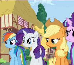 Size: 500x443 | Tagged: safe, derpibooru import, screencap, applejack, rainbow dash, rarity, starlight glimmer, twilight sparkle, twilight sparkle (alicorn), alicorn, earth pony, pegasus, pony, unicorn, the cutie re-mark, animated, female, friends are always there for you, mare, singing, wink