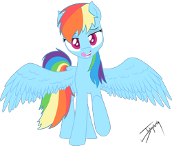 Size: 2272x1937 | Tagged: safe, artist:jykinturah, rainbow dash, pegasus, pony, bedroom eyes, female, licking, licking lips, looking at you, mare, simple background, spread wings, tongue out, transparent background, wings