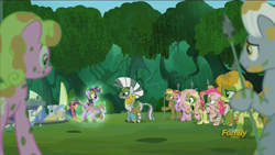 Size: 1280x720 | Tagged: safe, derpibooru import, screencap, berry punch, berryshine, carrot top, coco crusoe, daisy, flower wishes, fluttershy, golden harvest, pinkie pie, spike, twilight sparkle, twilight sparkle (alicorn), zecora, alicorn, dragon, earth pony, pegasus, pony, zebra, the cutie re-mark, alternate timeline, chrysalis resistance timeline, discovery family logo, female, mare, resistance leader zecora