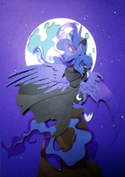 Size: 3000x4236 | Tagged: safe, artist:equestria-prevails, artist:jiuweidehuli, princess luna, alicorn, pony, absurd resolution, cloak, clothes, craft, looking back, moon, night, papercraft, sitting, solo, spread wings, stars, traditional art, wings
