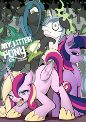 Size: 2952x4169 | Tagged: safe, artist:yunlongchen, princess cadance, queen chrysalis, shining armor, twilight sparkle, unicorn twilight, alicorn, changeling, changeling queen, pony, unicorn, a canterlot wedding, crying, engrish, hoof shoes, licking, licking lips, mind control, misleading thumbnail, tongue out