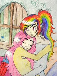 Size: 1500x1997 | Tagged: safe, artist:natsunohuyana, fluttershy, rainbow dash, clothes, female, flutterdash, hairpin, humanized, lesbian, piercing, ponytail, shipping, traditional art