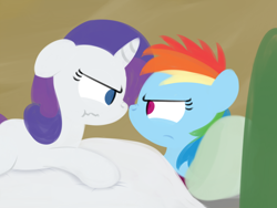 Size: 1280x960 | Tagged: safe, artist:dtcx97, rainbow dash, rarity, pegasus, pony, unicorn, bed, blanket, filly, pillow, scrunchy face