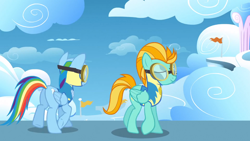 Size: 1600x900 | Tagged: safe, screencap, lightning dust, rainbow dash, pegasus, pony, wonderbolts academy, animation error, bald, balderdash, balding, mane, wat