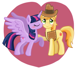 Size: 1131x987 | Tagged: safe, artist:majkashinoda626, derpibooru import, braeburn, twilight sparkle, twilight sparkle (alicorn), alicorn, pony, blushing, clothes, cowboy hat, female, hat, kiss on the cheek, kissing, male, mare, shipping, stetson, straight, twiburn, vest