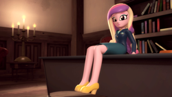 Size: 1920x1080 | Tagged: safe, artist:razethebeast, dean cadance, princess cadance, equestria girls, 3d, book, bookshelf, candle, clothes, desk, eyeshadow, high heels, looking at you, makeup, shoes, sitting, skirt, solo, source filmmaker