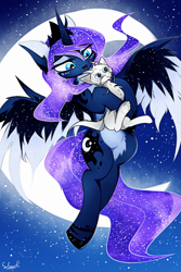 Size: 1100x1650 | Tagged: safe, artist:akylie, princess luna, oc, oc:zefiroth, alicorn, dragon, pony, ethereal mane, female, flying, full moon, gift art, i can't believe it's not magnaluna, mare, moon, night, paws, plushie, smiling, spread wings, starry mane, stars, style emulation, wings